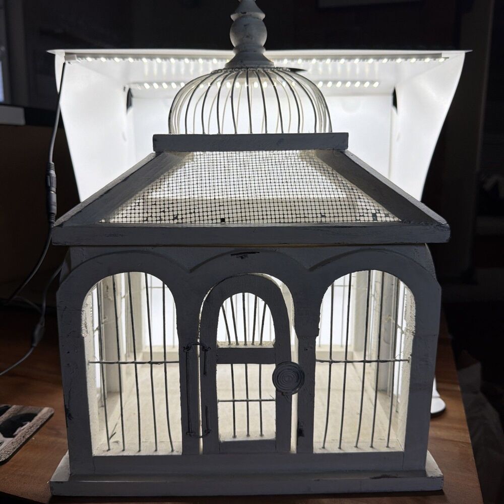 Rustic Farmhouse White Wooden/wire Shabby Chic Birdcage Decor Antique Cottage.